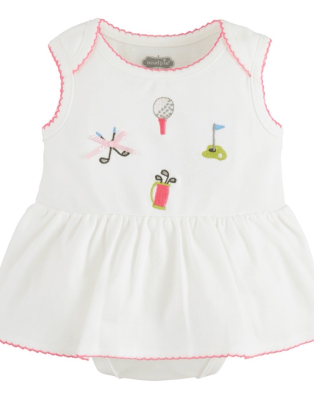 Mud Pie White Bodysuit Dress with Pink Trim and Multi-Color Golf Embroidery
